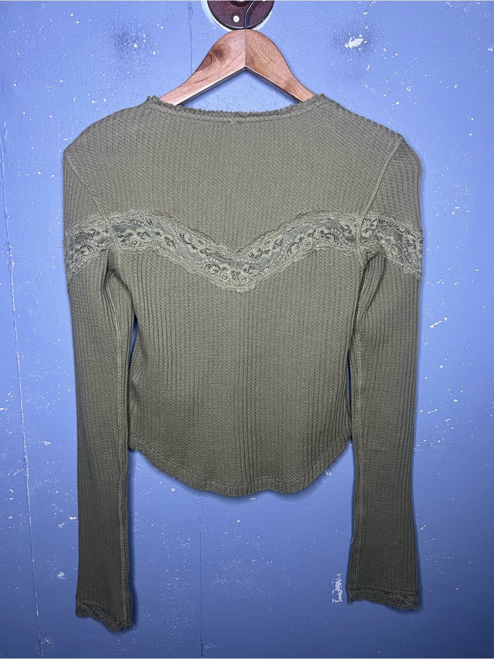 Free People Olive Lace-Trim Waffle Button Cardigan XS - Picture 8 of 8